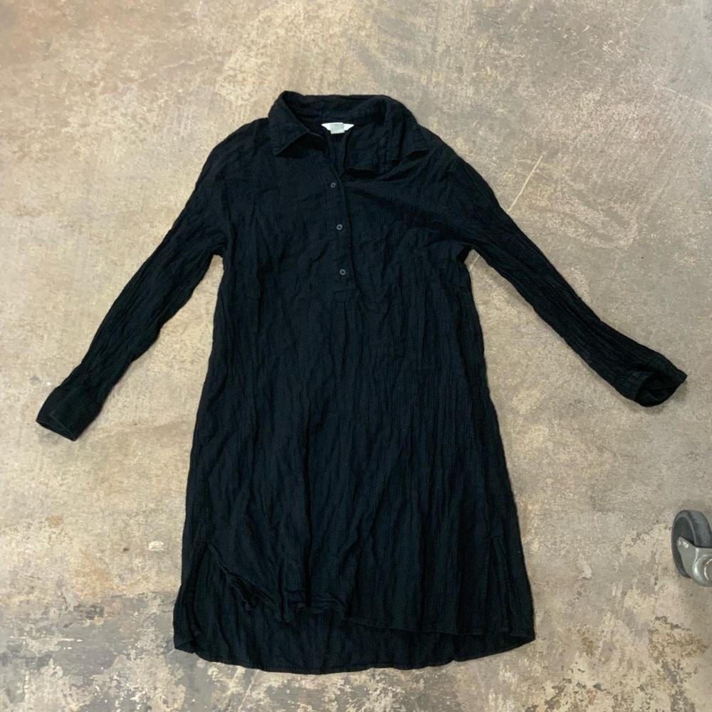 H&M Shirtdress Sz S Black Crinkle Button Front Coverup Long Sleeves Dress OBO
